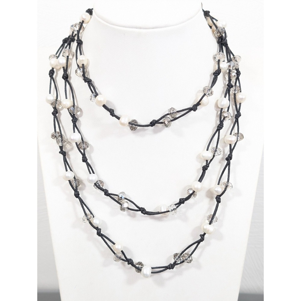 Long Layering‎ Necklace Black Cord White Pearl Gray Glass Bead Boho Beachy 52"